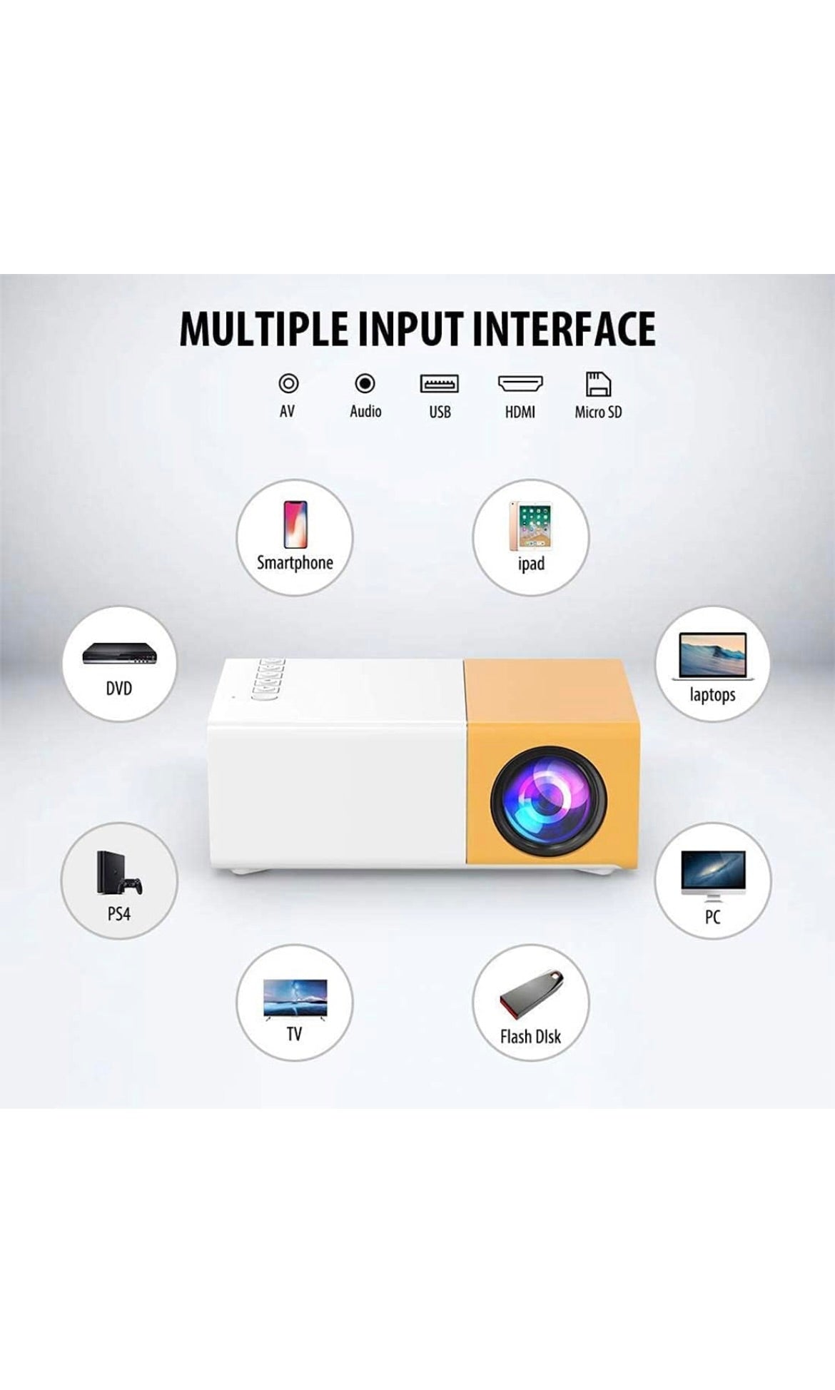 Mini LED Projector |Yellow Mini Home Theater LED Portable Projector| Multiple Interfaces Like AV, Audio, USB, HDMI, Micro SD, Film Projector