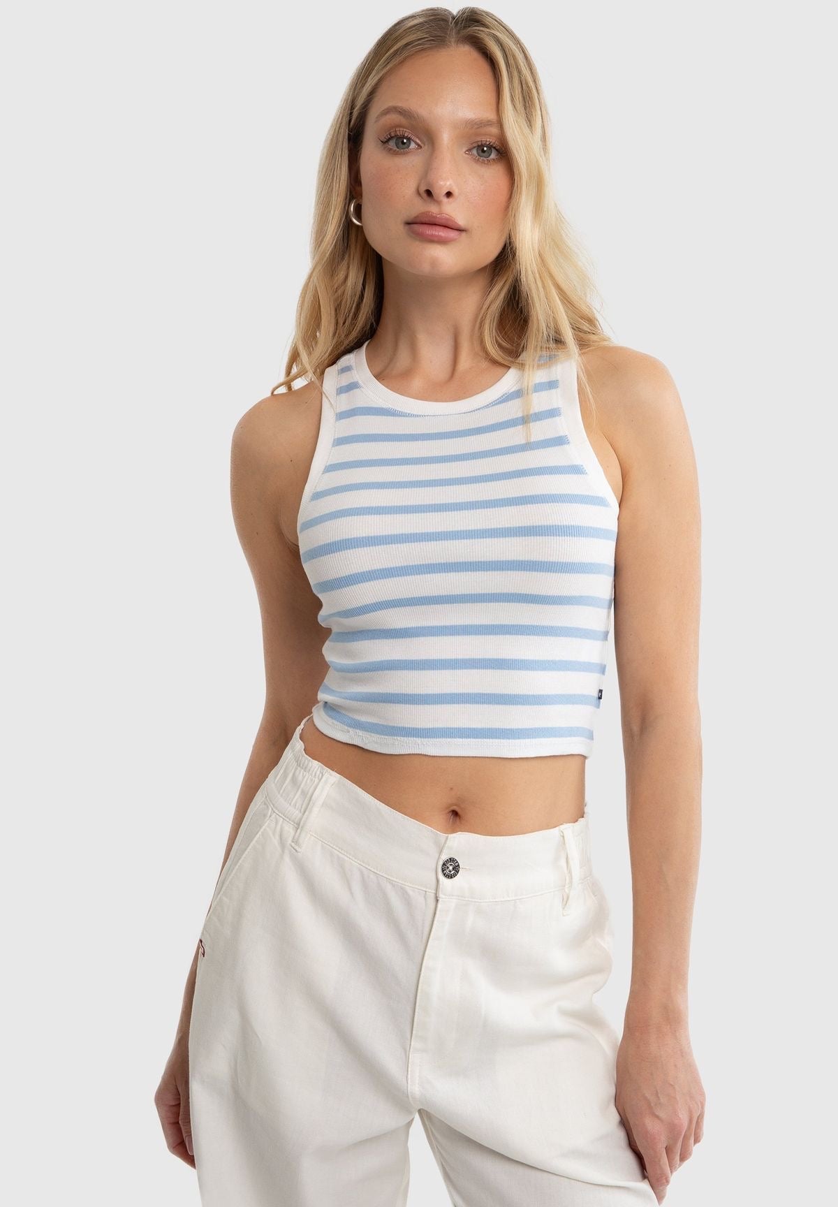 Blue stripe Ribbed High neck Short top