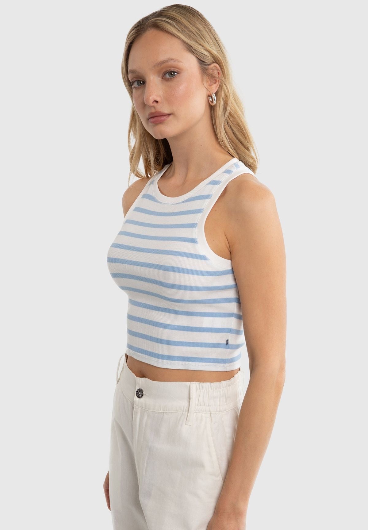 Blue stripe Ribbed High neck Short top