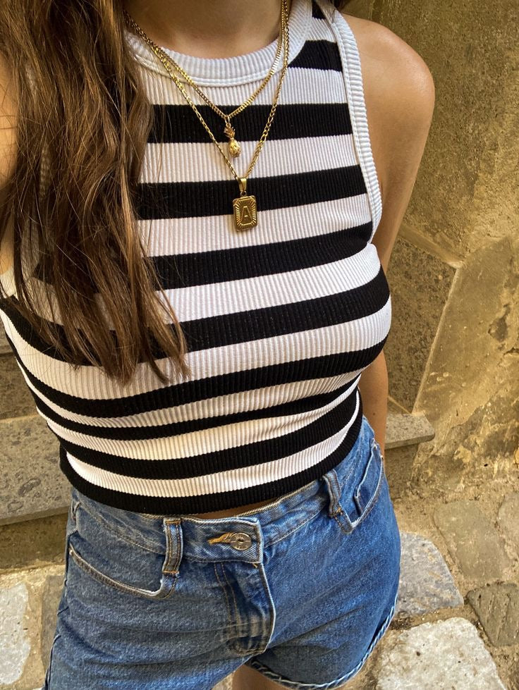 Women Black & White Stripped Short Top